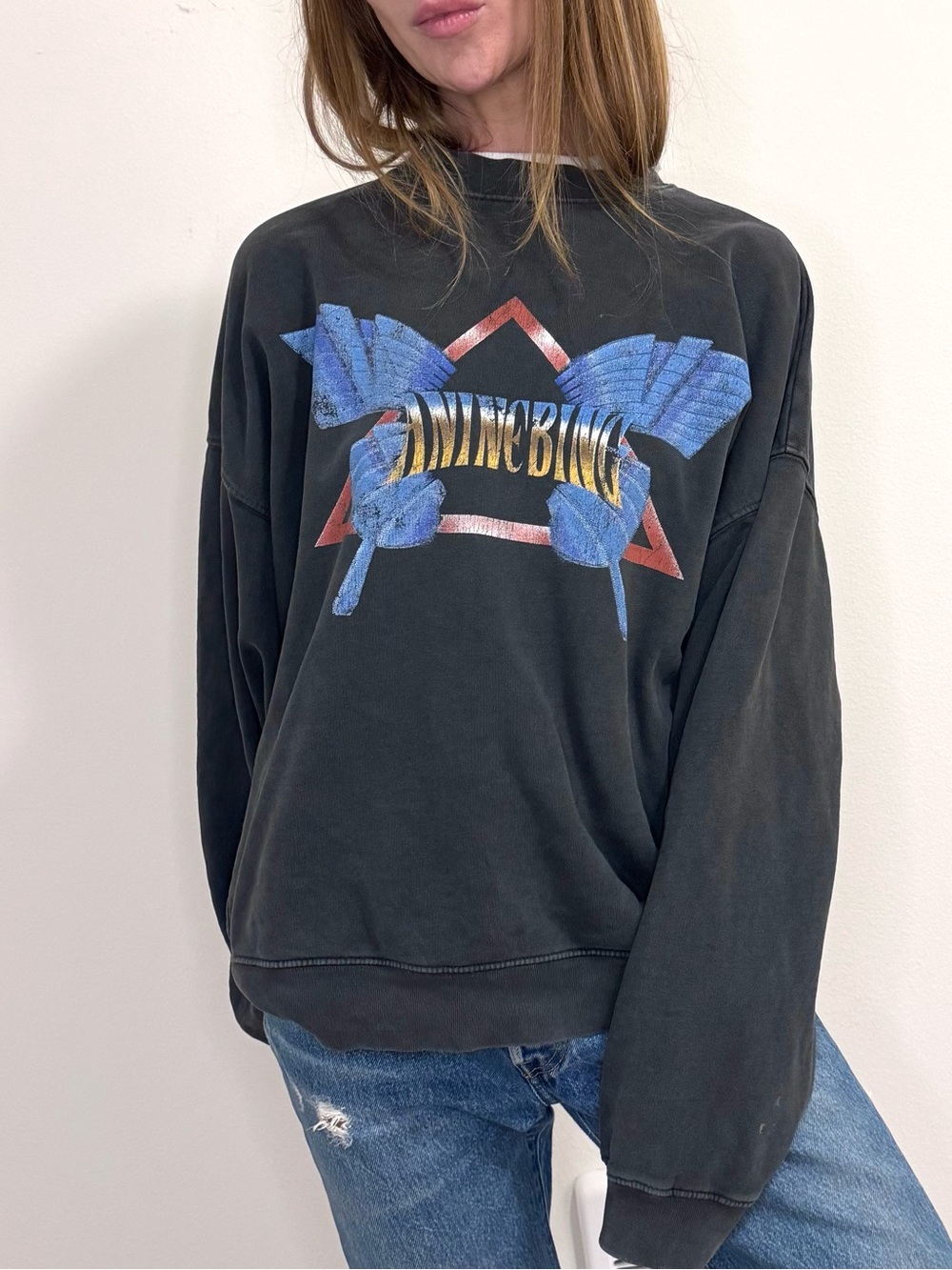 Anine Bing Harvey Butterfly Crew Sweatshirt Black S - Picture 1 of 4